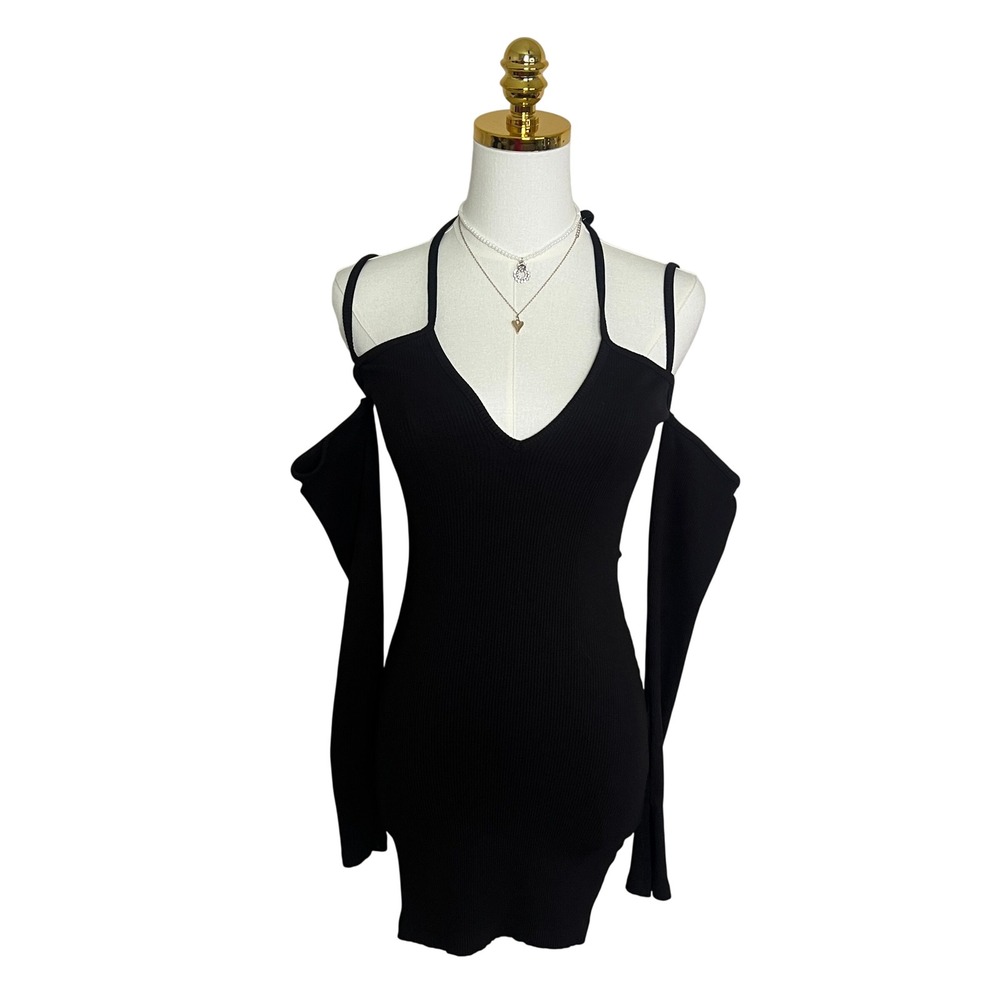 Pink Lip Boutique Black Ribbed Cold Shoulder Halter Mini Dress Long Sleeve Small